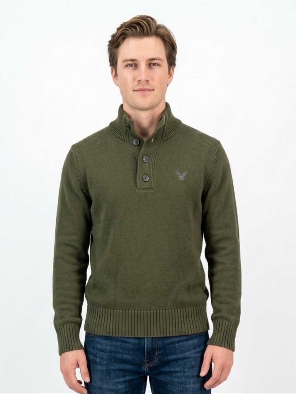 American Eagle Olive Green Button Mock Neck Knit Sweater Pullover Mens Size M